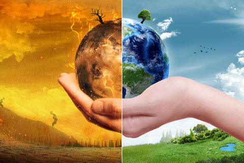 Graphics of earth held in the palm of a hand with opposing climate