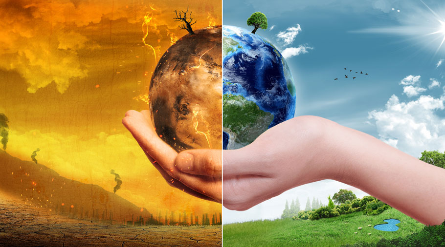 Graphics of earth held in the palm of a hand with opposing climate